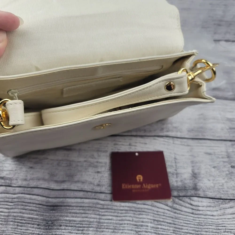 Etienne Aigner Leather Ivory Handbag with Crossbody Adjustable Strap Gold - Picture 4 of 9